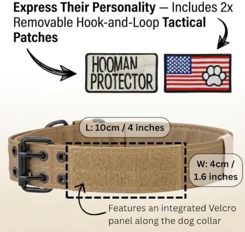Tactical Nylon Dog Collar with Heavy-Duty Double-Hole Buckle, Breathable Anti-Choke Padding for Medium, Large, Extra Large Dogs - Include Smart Tag Case & 2 Sticky Patches