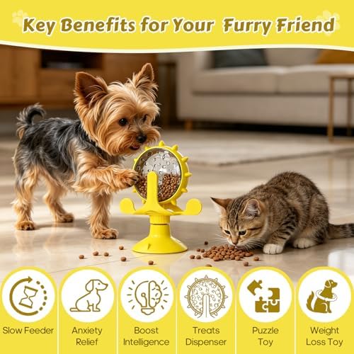 Cat Food Treat Dispenser Toy Interactive with 360°Rotating Windmill Suction Cup for Indoor Cats, Kittens & Small Dogs Slow Feeder Snack Exercise & Distribution Wheel Toy