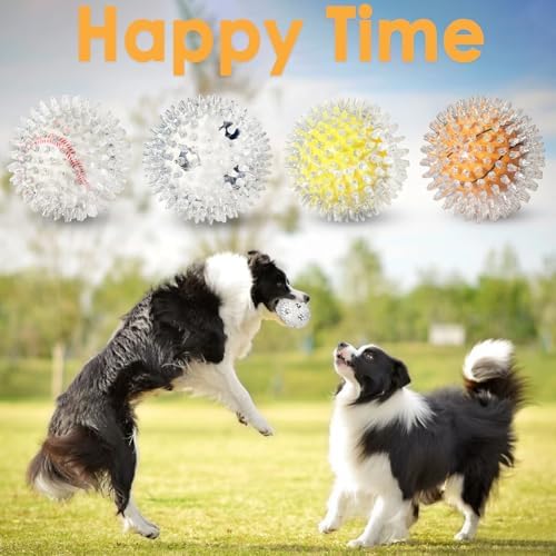 Squeaky Dog Toy Balls 4 Pack — Sports Themed Spiky Dog Balls for Medium Dogs, Durable PVC Dental Chew Balls for Cocker Spaniel Aussie Pitbull, Interactive Outdoor Toy