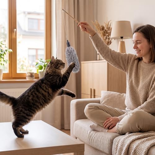 6 Pack Natural Rabbit Fur Cat Toy Refills Silent Cat Wand Toy Attachments Interactive Handmade Replacement Heads with Secure Connector
