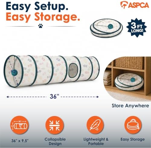 ASPCA Cat Tunnel with Rattle Toy – Interactive Collapsible Cat Tunnel for Indoor Cats, Crinkle Play Tunnel with Hanging Rattle Toy, Encourages Hiding, Chasing, Pouncing & Active Play, Fish Printed