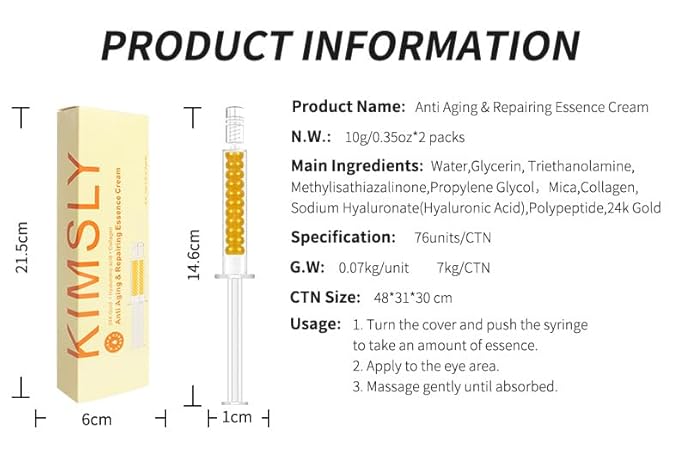 24K Gold Anti-Aging Eye Cream with Collagen, 2 Syringe Pack, Dark Circle and Fine Line