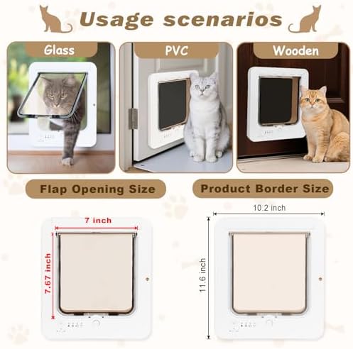 Smart Cat Door for Interior & Exterior, Flap Opening is 7.67’’ (H) by 7'' (W), RFID Cat Pet Door with 3 RFID Collar Sensor Keys & 1 Remote & 4 Way Locking Cat Flap, Automatic Opening Cat Door (White)