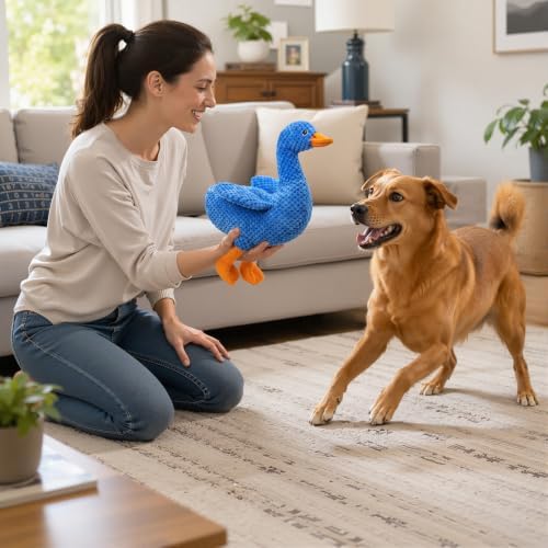 Blue Plush Duck Dog Toy, Stuffed Squeaky Toy with Crinkle Paper