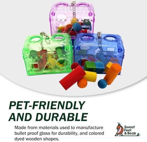 Treasure Chest Toy - Puzzle & Foraging Toys for Birds - Durable Plastic Bird Foraging Box w/ Colorful Wooden Shapes - Parrot Puzzle Toys - Small & Large Bird Toys for Cockatiels, Lovebirds & More