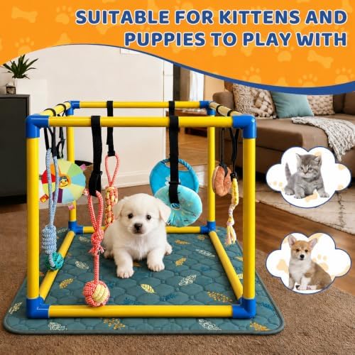 Puppy Play Gym with Pee Pads & 8 Toys (Yellow,19.6″ x 19.6″ x 19.6″)