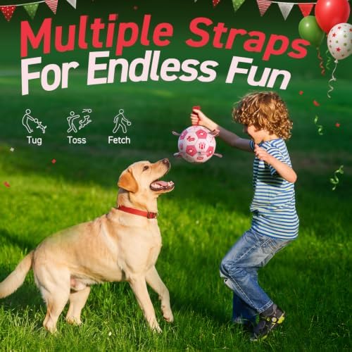 QDAN Dog Birthday Toys, Pink Soccer Ball with Straps, Interactive Tug of War Toy, Puppy Birthday Gifts, Water Toy, Durable Dog Balls for Medium Large (8 Inch)