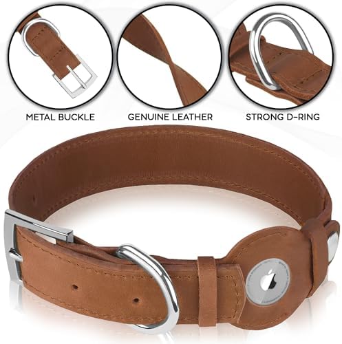 Leather Dog Collar with Airtag Holder - Apple Air Tag Dog Collars - Soft Tracking GPS Pet Collar for Small Medium Large Dogs Breed Puppy (Brown, XL, 19"-24" Neck Fit)