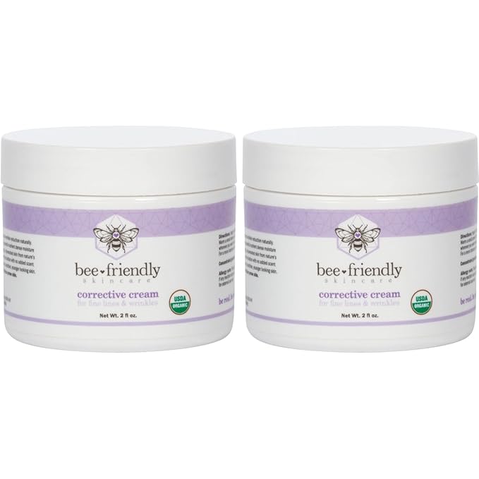 BeeFriendly Organic Corrective Cream, USDA Certified Face Moisturizer Rich Revitalizing Night Cream For Sensitive Skin Aids With Fine Lines, Wrinkles, Crows Feet, Eyes, Face, Neck 4 oz (2 Jars in box)