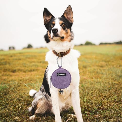 Dog Poop Bag Holder for Leashes- Dog Treat Pouch with Waterproof Zipper,Puppy Training Small Bag with Carabiner & Bungee Toggle,Two Pockets for Dry or Wet Treats-Pet Travel Walking Essentials (Purple)