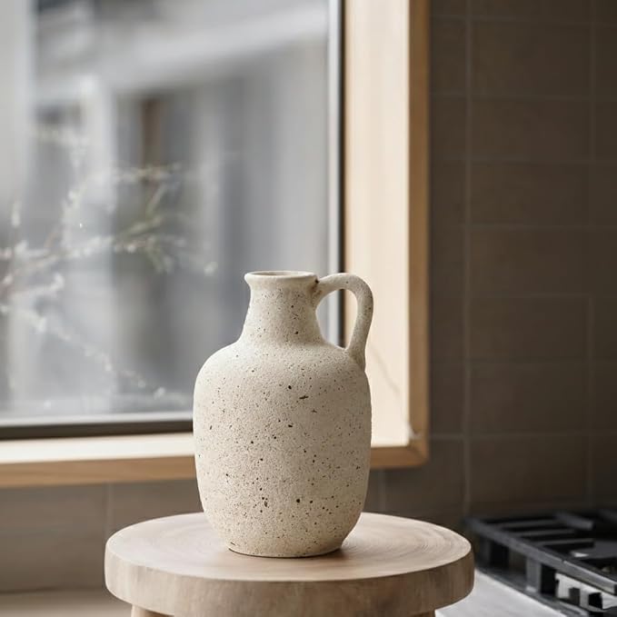 SIDUCAL Rustic Ceramic Farmhouse Flower Vase with 1 Handle-Height 8.43" Terracotta Vase, Unique Textured Pottery Flower Vases for Home Decor, Table, Wedding, Living Room, Shelf Decor, Speckled White