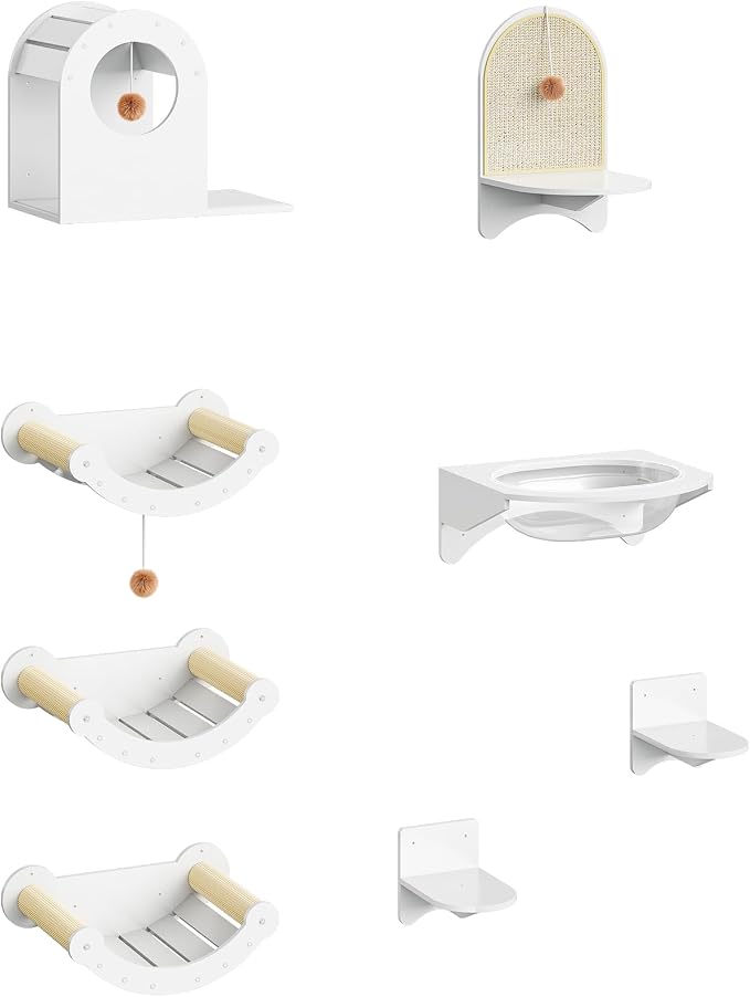 HOOBRO Wood Cat Wall Shelves for Large Cats, Wall-Mounted Cat Shelves and Perches, Cat wall Furniture Set with Cat House, Transparent Capsule Hammock, for Sleeping, Playing & Climbing, White WT48CS03