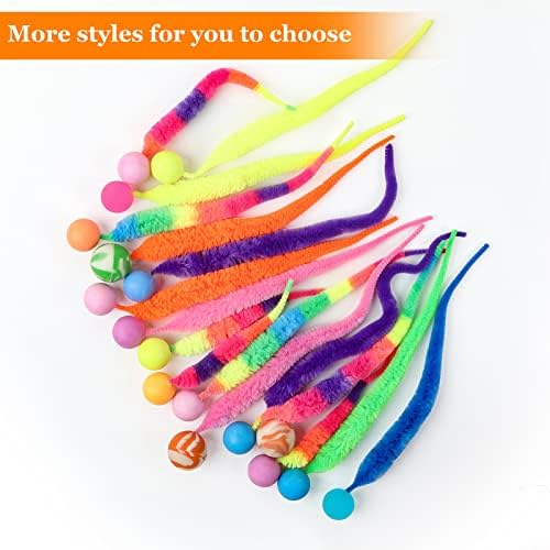 SHENGSEN Bouncy Ball with Tail Cat Toys-5 Packs,Rainbow Small Magic Worm with Ball Toy for Cats,Colorful Fuzzy Worm Bouncy Balls Cat Toy