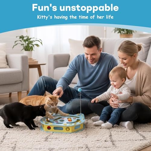 Interactive Kitty Puzzle Toy with Spring Wand Game Board, Maze Activity Playset for Indoor Cat, Rolling Ball Entertainment for Kitten Puppet