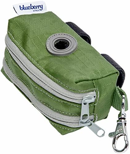 Blueberry Style Forest Green Dog Waste Bag Dispenser, Solid Color Trash Bag Dispenser with 2 Auto Locking Zipper, Dog Poop Bag Holder Leash Attachment, Includes 1 Roll of Free Poop Bags