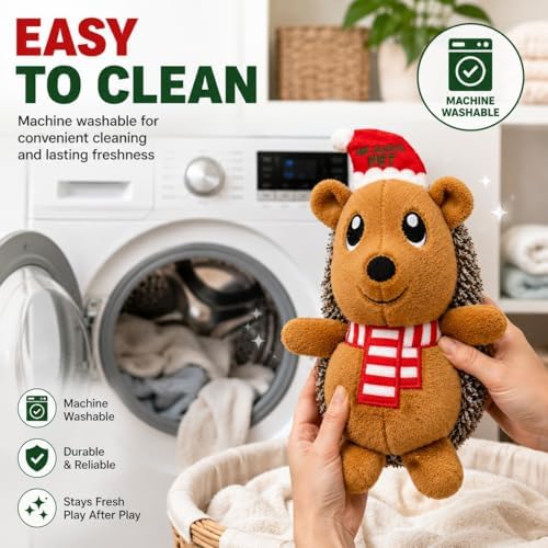 Christmas Hedgehog Squeaky Dog Toy for Small & Medium Dogs, Soft Plush Stuffed Puppy Toy with Built-In Squeaker, Interactive Indoor Play Toy for Gentle Chewers, Machine Washable Holiday Dog Gift
