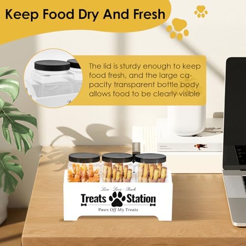 Dog Treat Container, Food Storage Container with 3 Plastic Dog Treat Jars, Reusable Cat Treat Container, Pet Treat Storage Organizer, Wood Dog Treat Holder, Dog Food Container for Dog Cat(white)