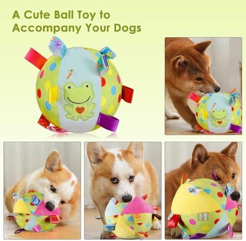 Letalong Dog Squeaky Plush Toy with Straps, 6-Inch Soft Stuffed Ball with Cotton Material and Bell Built-in, Pet Interactive Fetch Toy for Small to Large Dog