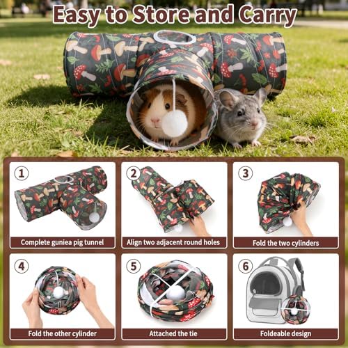 Rypet Guinea Pig Tunnel Hideout 3-Way Collapsible Small Pet Tubes, Mashroom