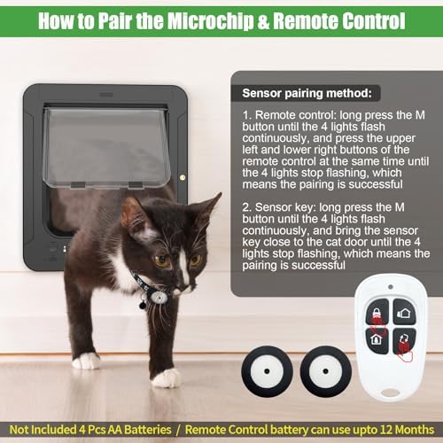 Smart Cat Door for Interior & Exterior, Cat Pet Door with 3 Collar Sensor Keys & 1 Remote Control & 4 Way Locking Cat Flap with RFID Collar Activated Opening (Black) (White Tags 3Pack)