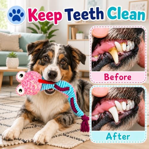 Dog Toys Squeaky Plush No Stuffing, Stuffless Crinkle Dog Toy with Rope Tug Pull Design, Durable Chew Toy for Puppies Small Medium Large Dogs, Fun Interactive Pet Toy