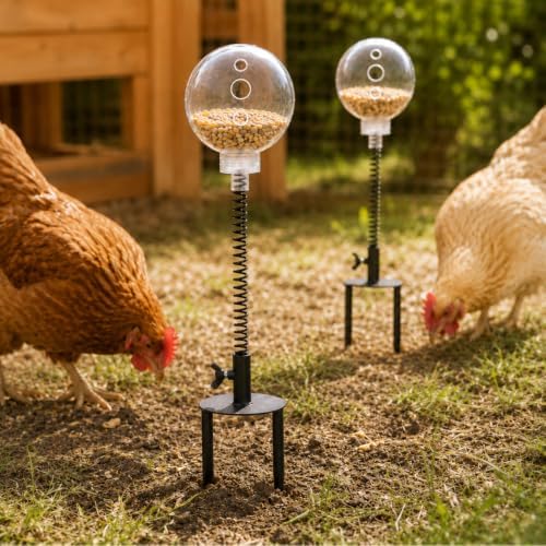 Chicken Treat Dispenser Toy 2 Pack, Spring-Action Treat Balls with Screw-Secured Ground Stakes, Slow Feeder Pecking Enrichment Toys for Hens, Backyard Chickens and Poultry