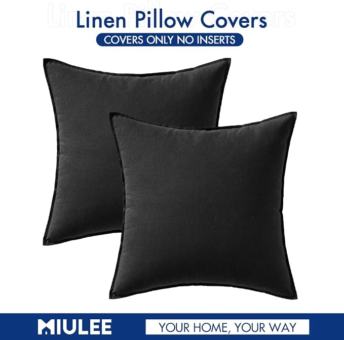MIULEE Euro Shams Decorative Linen Pillow Covers 24x24 Inch Black | Pack of 2, Boho Farmhouse Modern Soft Accent Throw Pillows, Neutral Cushion Covers, Home Decor for Bed Sofa Couch Living Room