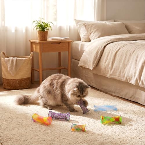 50 Pcs Fun Tubes Cat Toy Kitty Spring Coil Toys Colorful Indoor Interactive Mesh Telescopic Cats Tube for Attract Pet to Hunt Swat Bite Chase Pounce Scratching