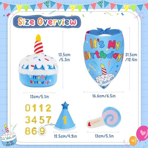 KIPRITII Dog Birthday Supplies with Cake Toys, Bandana & Hat for Small Dogs