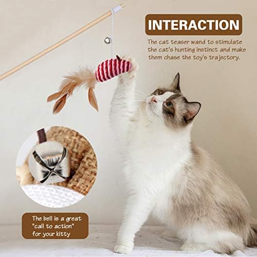 KABB Cat Toys for Indoor Cats, 3pcs 16 Inch Natural Wood Cat Teaser Wand Toy with Teaser Refills for Cat Kitten Having Fun Exerciser Playing, Bonus 5pcs Catnip Sticks for Cat Teeth Cleaning