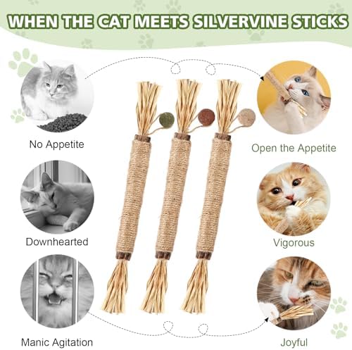 WOUSEDO 7 Pack Silvervine Sticks Cat Toy with Catnip & Matatabi Ball