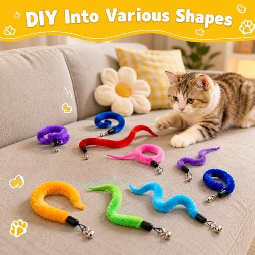 Thinp 10 Pcs Fuzzy Worm Cat Toy, Colorful Interactive Cat Wand Attachments