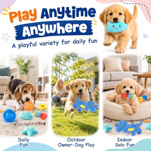 KIPRITII 9 Pack Puppy Toys for Teething, Small Dog Toys Set Keep Dogs Busy | No-Stuffing Dinosaur-Shaped Toy, Squeaky & Chew Play, Tug & Fetch, Boredom Relief, Indoor Play, Outdoor Interaction