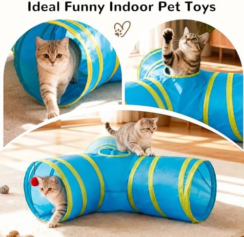 Tempcore Cat Tunnel, 3-Way Collapsible Toy for Indoor Cats, Blue & Yellow