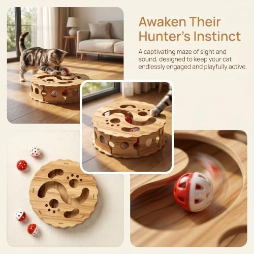 Wooden Cat Puzzle Toy - Interactive Cat Maze & Treat Dispenser Game Box with Track Balls - Mental Enrichment Toys for Indoor Cats & Kittens