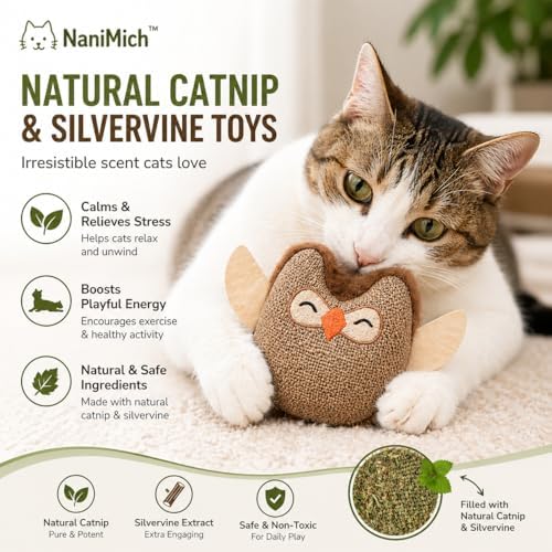 Green Owl Catnip Cat Toy with Natural Stick, Interactive Plush Cat Toy for Indoor Cats, Bite Resistant Kitten Toy for Chewing, Kicking and Stress Relief