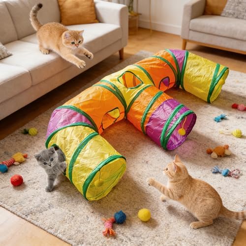 3 Way Collapsible Cat Tunnels with Interactive Ball, E Shape Folded Pet Tube Toy for Indoor Cats, Puppy, Kitty, Kitten, Rabbit