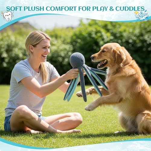 ALL FOR PAWS Octopus Squeaky Dog Toy, Plush Dog Toy for Small Medium Large Dogs, Fetch Toy with Squeaker & Crinkle