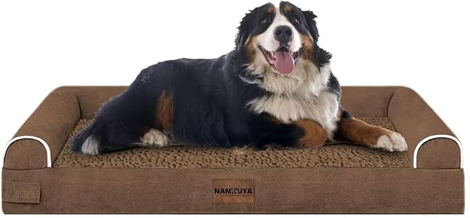 Orthopedic Dog Bed for Jumbo Dogs, 53 x 42 Inch, Coffee | Egg crate foam for joint support, 3-sided bolster pet sofa, waterproof lining, washable cover, and non-skid base