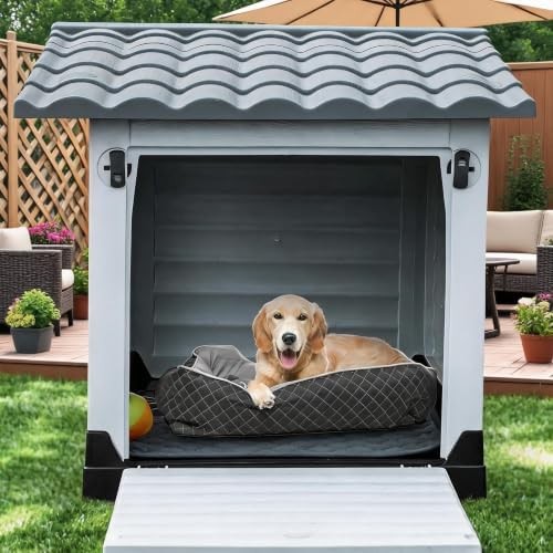 2-Door Small Dog House with Fold-Out Porch and Elevated Base, Gray