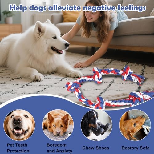 SZEE July 4th Dog Rope Toy for Large Dogs, 37 Inch 5 Knots, Tug of War Rope for Large Breeds, for Energy Release & Boredom Relief, Patriot Pet Toy (Red & Pink)
