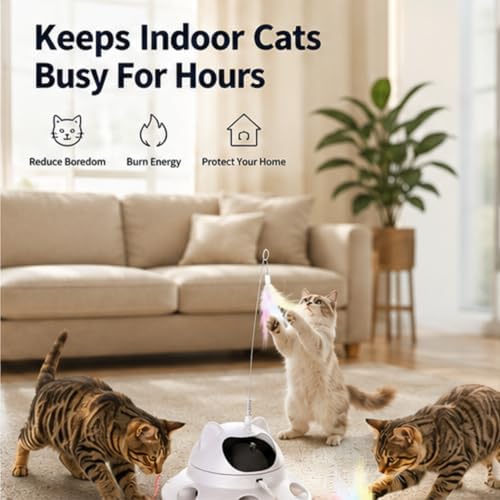 3-in-1 Auto Laser Cat Toy, USB Recharge Motion Activated Kitten Feather Chase Toy - Off-White