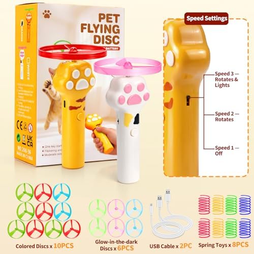 BABORUI Cat Toy Disc Launcher, Rechargeable Interactive Cat Fetch Toy Launcher with 16 Flying Discs, Flying Enrichment Toys for Indoor Bored Kittens & Adult Cats (Yellow+White)