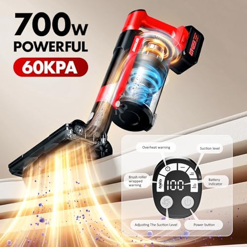 Cordless Vacuum Cleaners for Home with 2*Battery 8000mAh, Brushless Rechargeable Stick Vacuum with 3 Mode, 6 In 1 Portable Handheld Cordless Vacuum for Pet Hair /Hardwood Floor/Dorm/Carpet (Red)