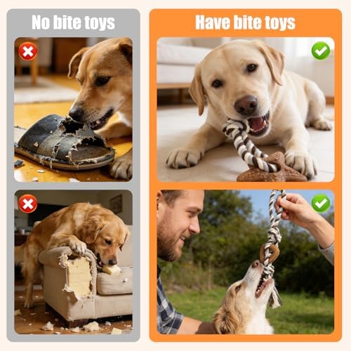 4 Pack Dog Chew Toys for Aggressive Chewers – Puppies & Adults, Multiple Textures & Rope, ndestructible Tough Durable Interactive Dog Toys, Brown Triangle&Stars&Bone&Snowman