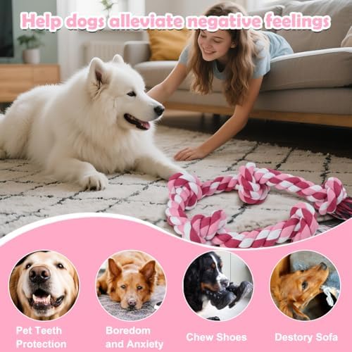 SZEE Dog Rope Toy for Large Dogs, 37 Inch 5 Knots, Tug of War Rope for Large Breeds, for Energy Release & Boredom Relief, Valentine’s Day Pet Toy (Red & Pink)