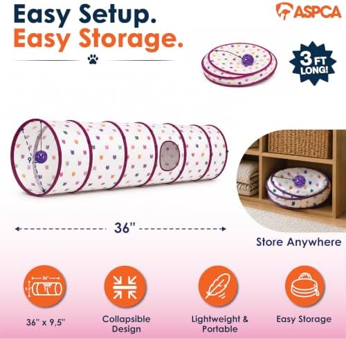 ASPCA Cat Tunnel with Rattle Toy, Interactive Collapsible Cat Tunnel for Indoor Cats, Crinkle Play Tunnel with Hanging Rattle Toy, for Hiding, Chasing, Pouncing & Active Play, Silhouette Printed
