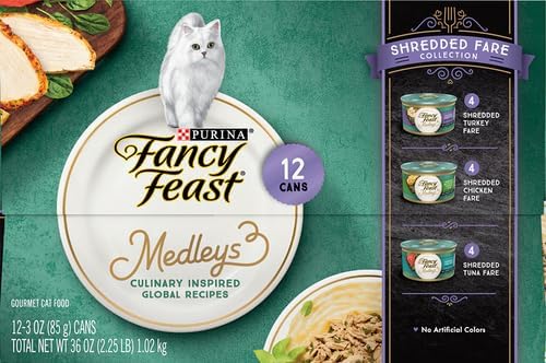 PURINA Fancy Feast Wet Cat Food Variety Pack, Medleys Shredded Fare Collection - (12) 3 oz. Cans (Pack of 2)
