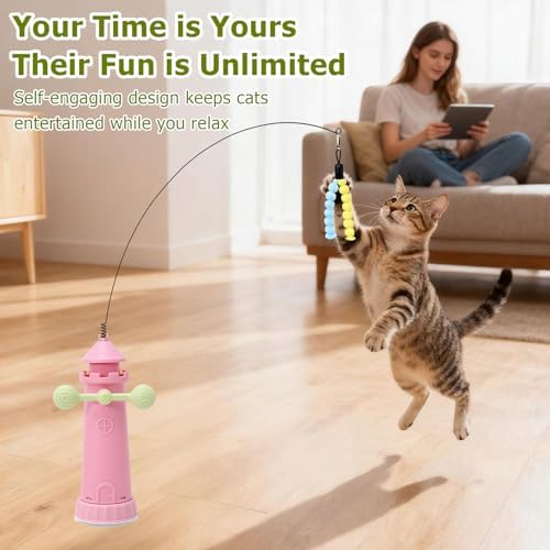 Interactive Cat Toys for Indoor Cats, Windmill Feather Cat Teaser Wand, Bouncy Kitten Toys with Strong Suction Cup Base for Bored Felines & Self-Played Enrichment Pink