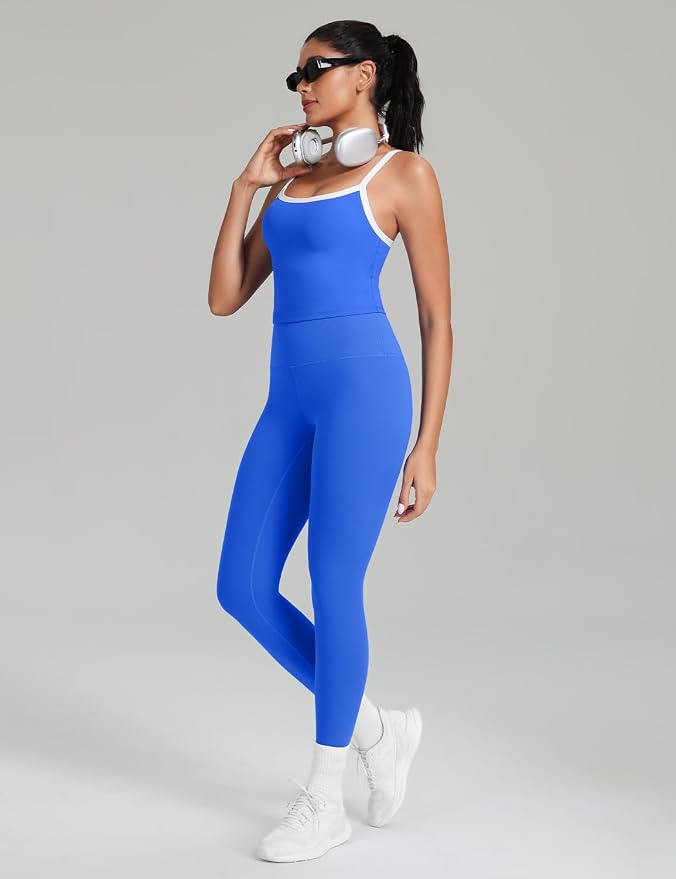 HeyNuts Vintage Color-Block Strappy Crop Tank Top for Womens, Cute Contrasting Trim Yoga Longline Sports Bras Padded A-D Cups